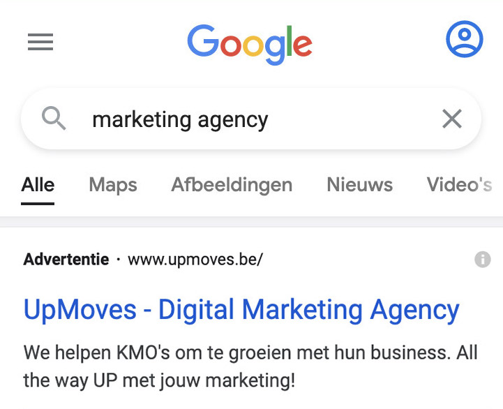 Google Ads voorbeeld UpMoves